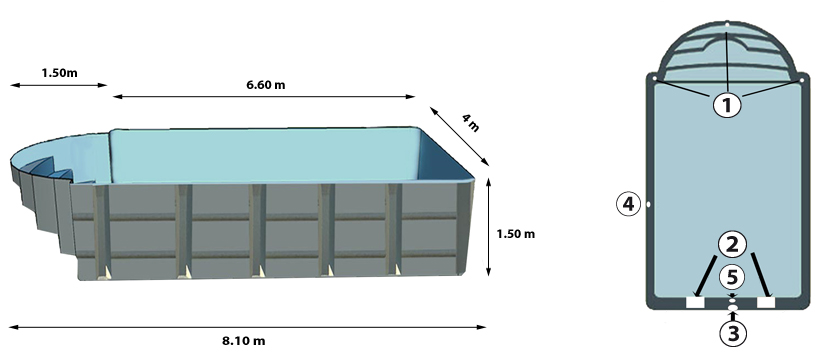 Praslin polyester shell pool above and profile view