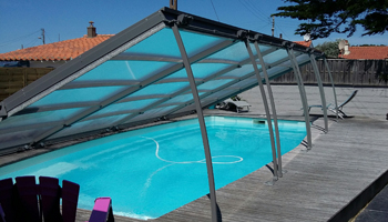 Celeste flat pool enclosure fully open using supporting legs