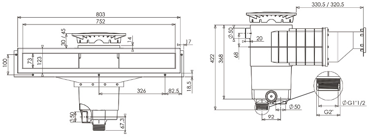 Dimensions Elegance A800 stainless steel skimmer