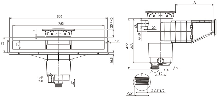 Weltico skimmer Elegance A800 in ABS dimensions for panel pools