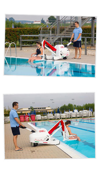 Pool entry using PandaPool mobile seated pool lift for disabled pool access