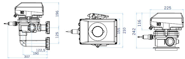 Dimensions of the ASTRAL VRAC FLAT automatic multiway valve SIDE and TOP