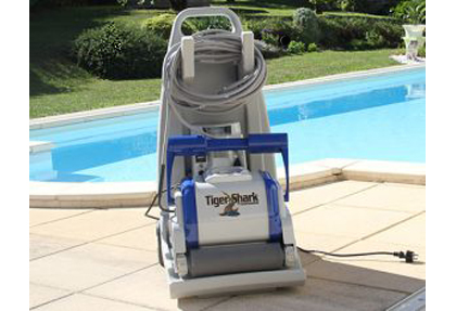 Tiger Shark pool cleaner on optional transportation trolley Tiger Shark pool cleaner on optional transportation trolley