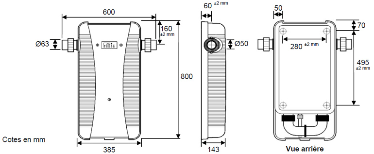 Dimensions RE/U TITANIUM electric heater from Zodiac 